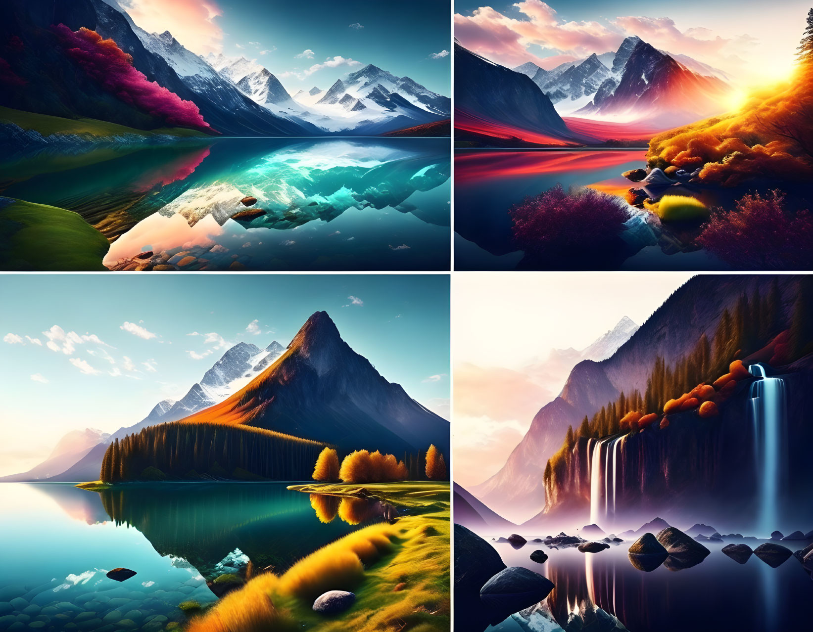 Scenic landscapes: mountains, lakes, foliage, waterfall