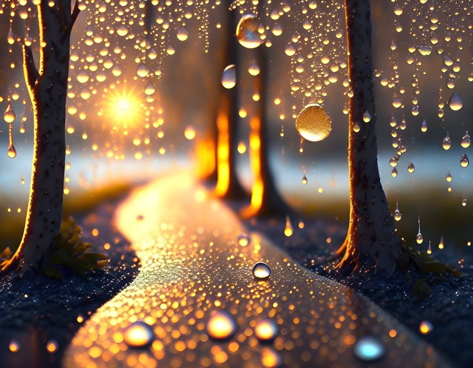 Tree-lined Path with Glistening Water Droplets in Golden Light