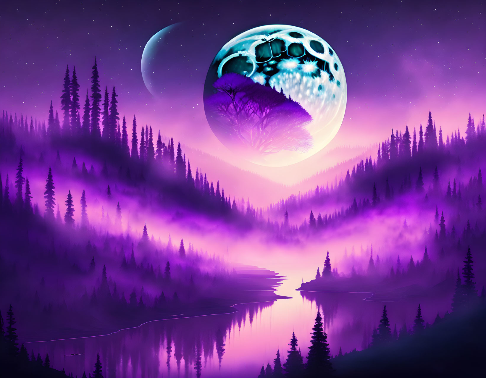 Purple Landscape with Pine Trees, Reflective Lake, Surreal Moon, and Starry Sky