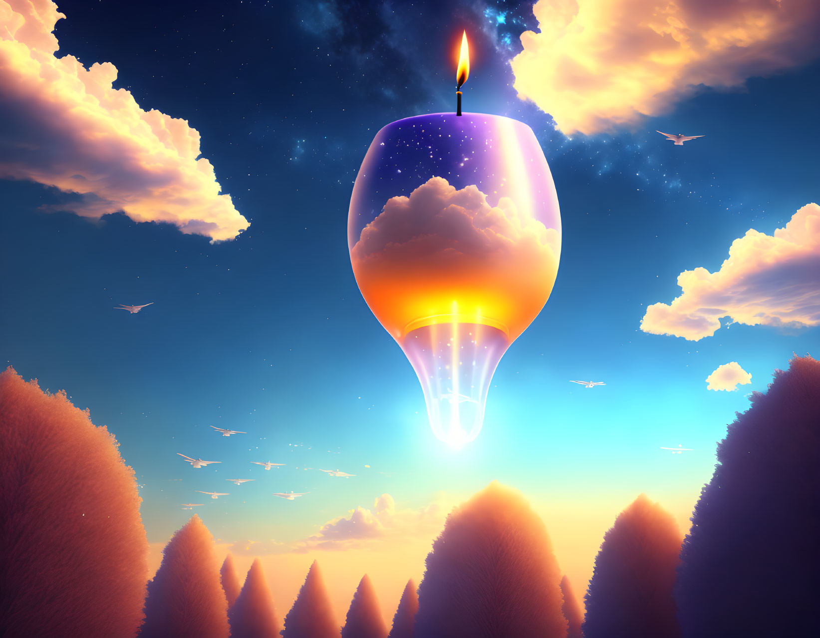 Fantastical twilight sky scene with candle-powered hot air balloon.