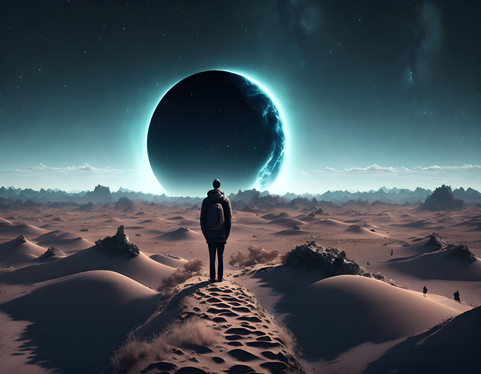 Solitary figure on sandy desert path under starry sky with crescent moon