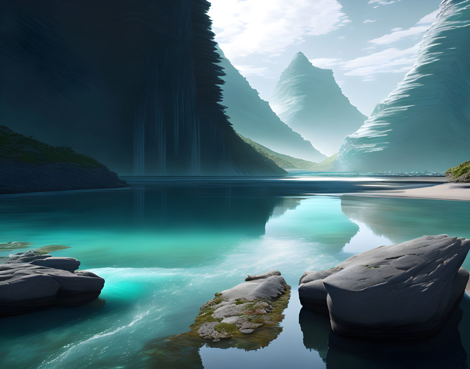 Tranquil lagoon with cliffs, waterfall, and sunlight