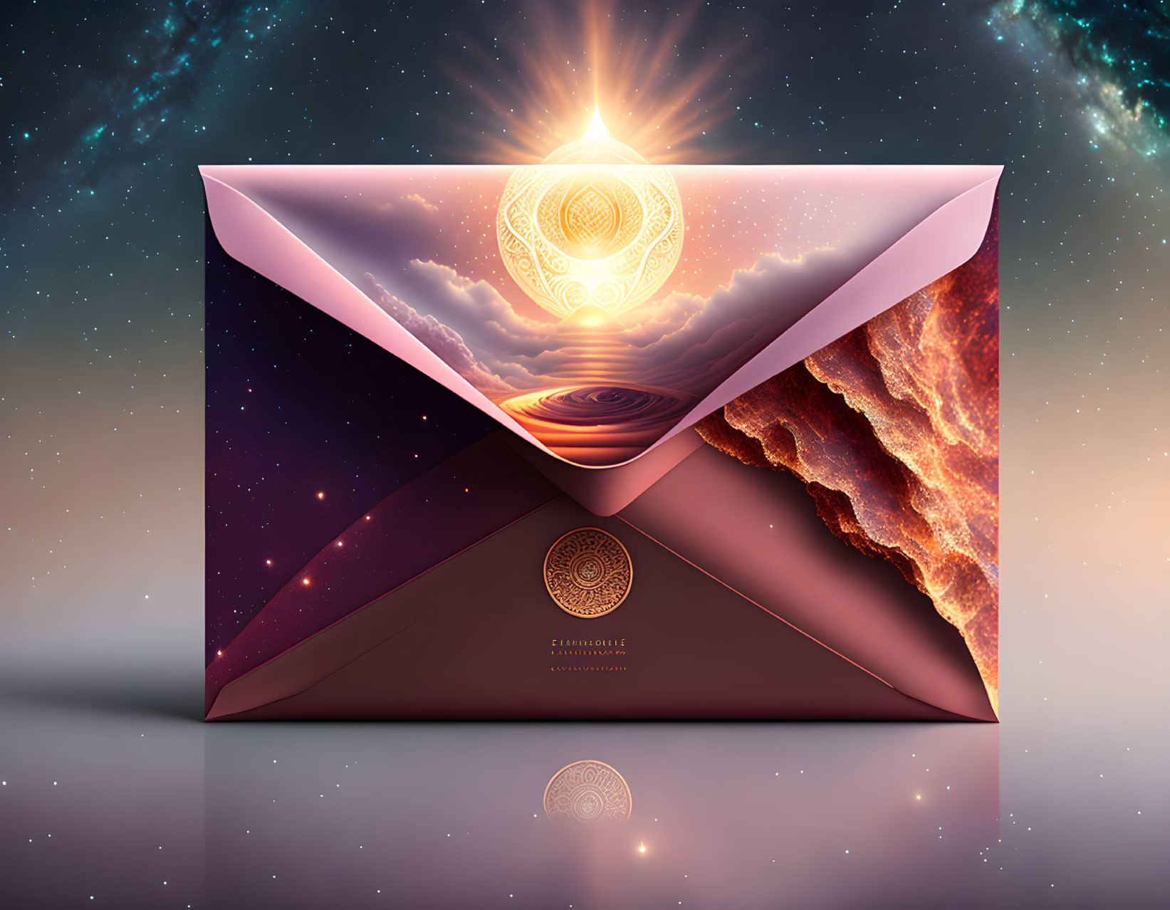 Illustrated envelope revealing cosmic sun and interstellar scene