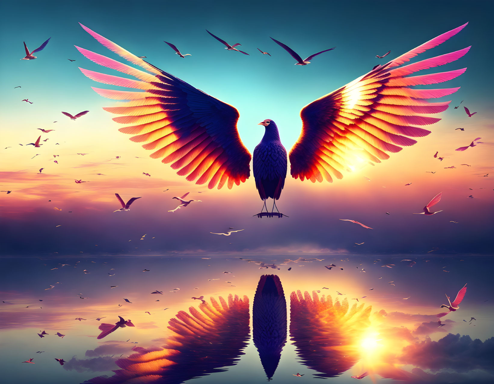 Colorful bird with outstretched wings standing on reflective water surrounded by flying flocks at twilight