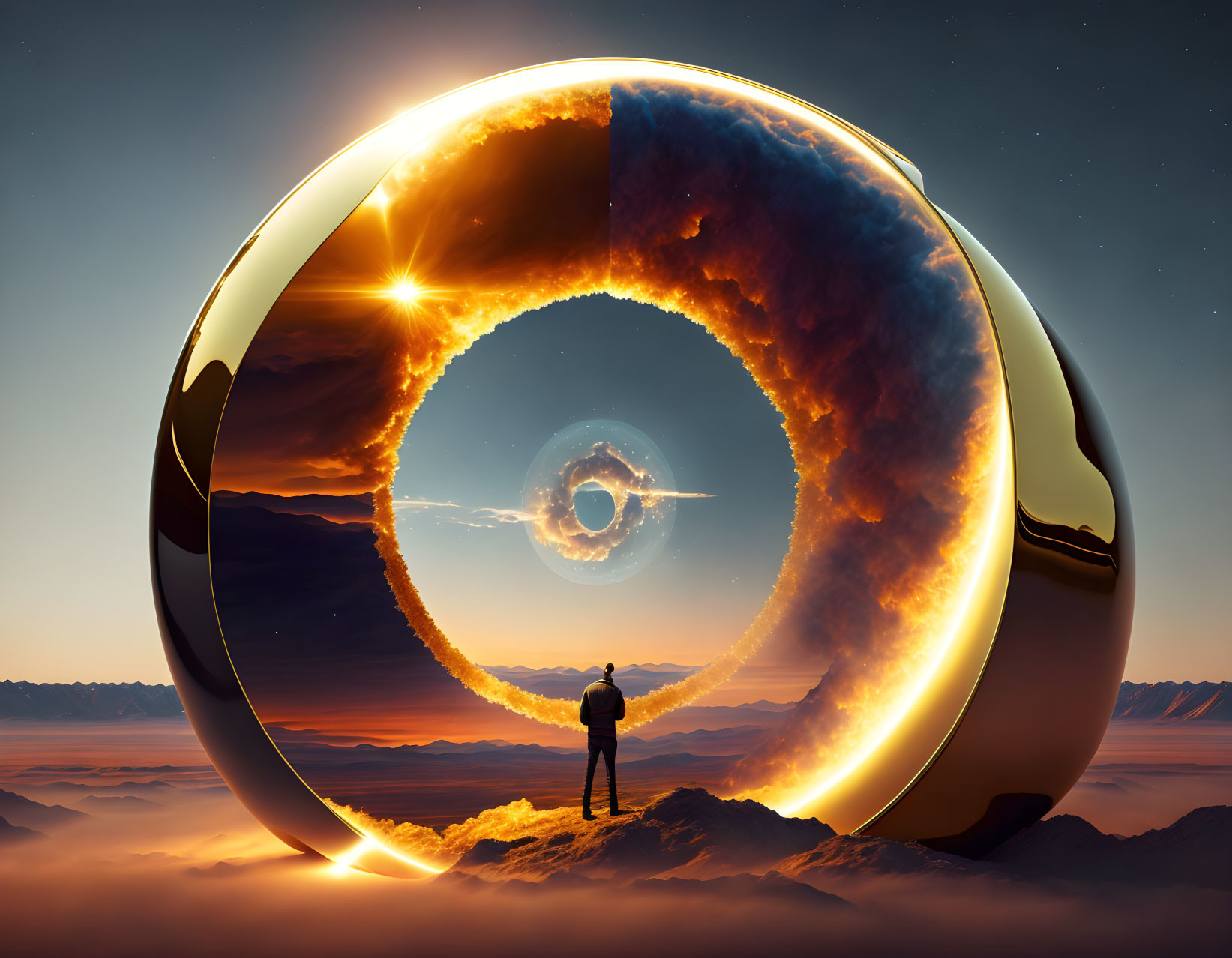 Surreal circular portal with cosmic scene and celestial bodies