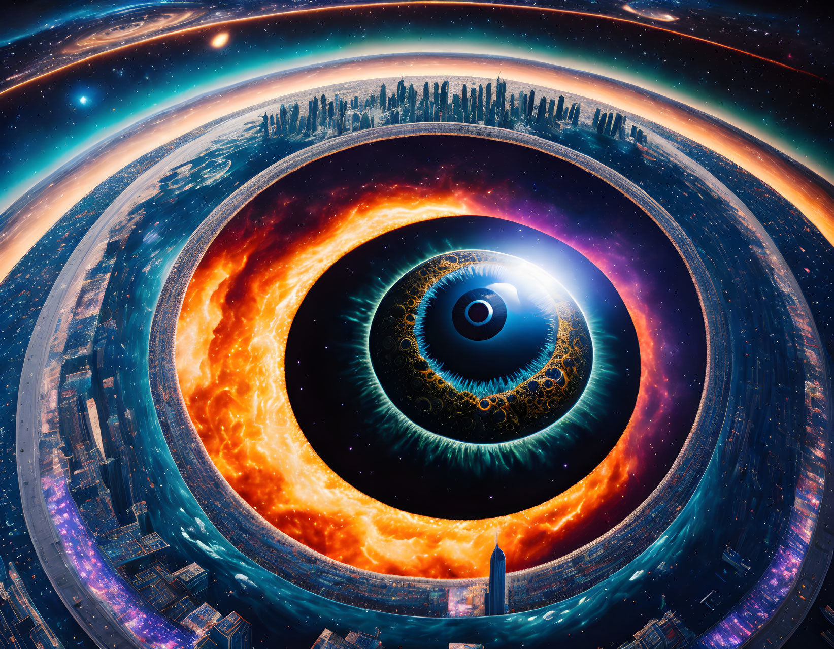 Circular surreal panorama: eye surrounded by fire, greenery, cityscape, cosmic backdrop