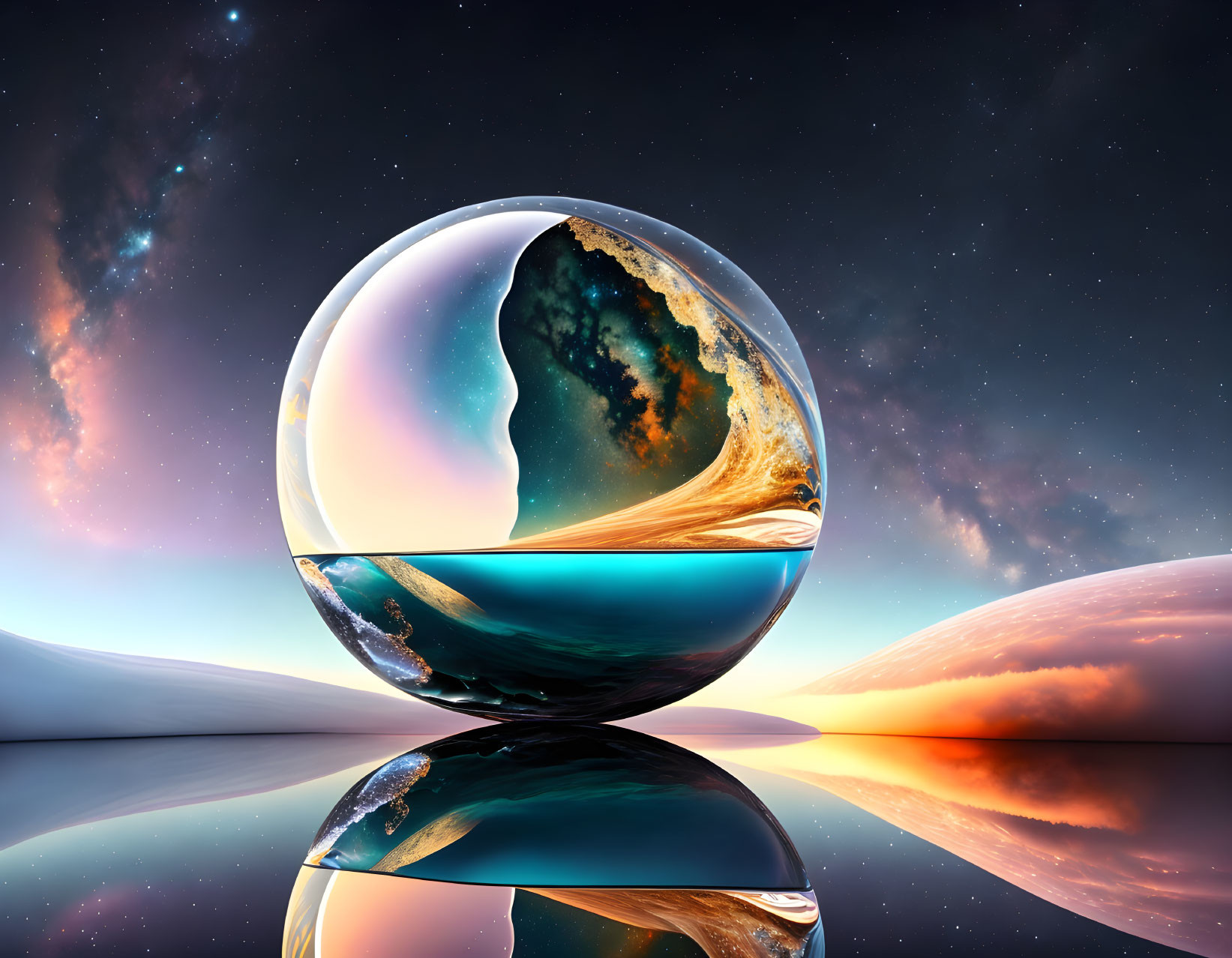 Crystal ball reflecting surreal space landscape at twilight