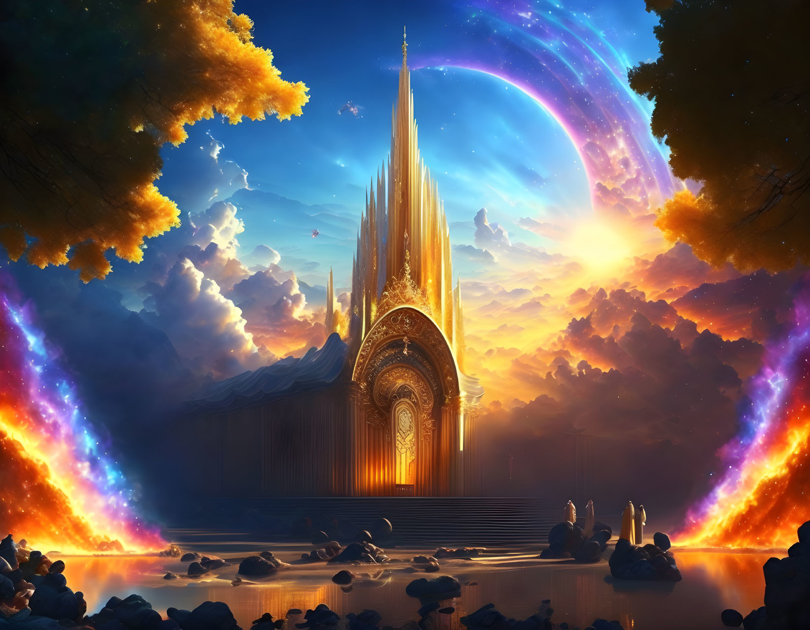 Majestic golden cathedral in cosmic sunset scene