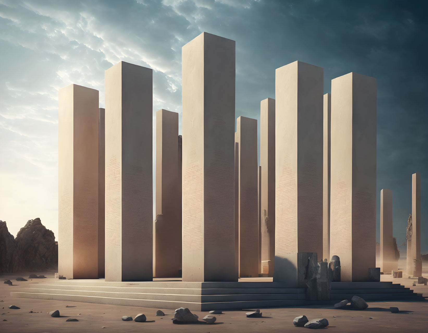 Monolithic rectangular pillars under cloudy sky in desolate landscape