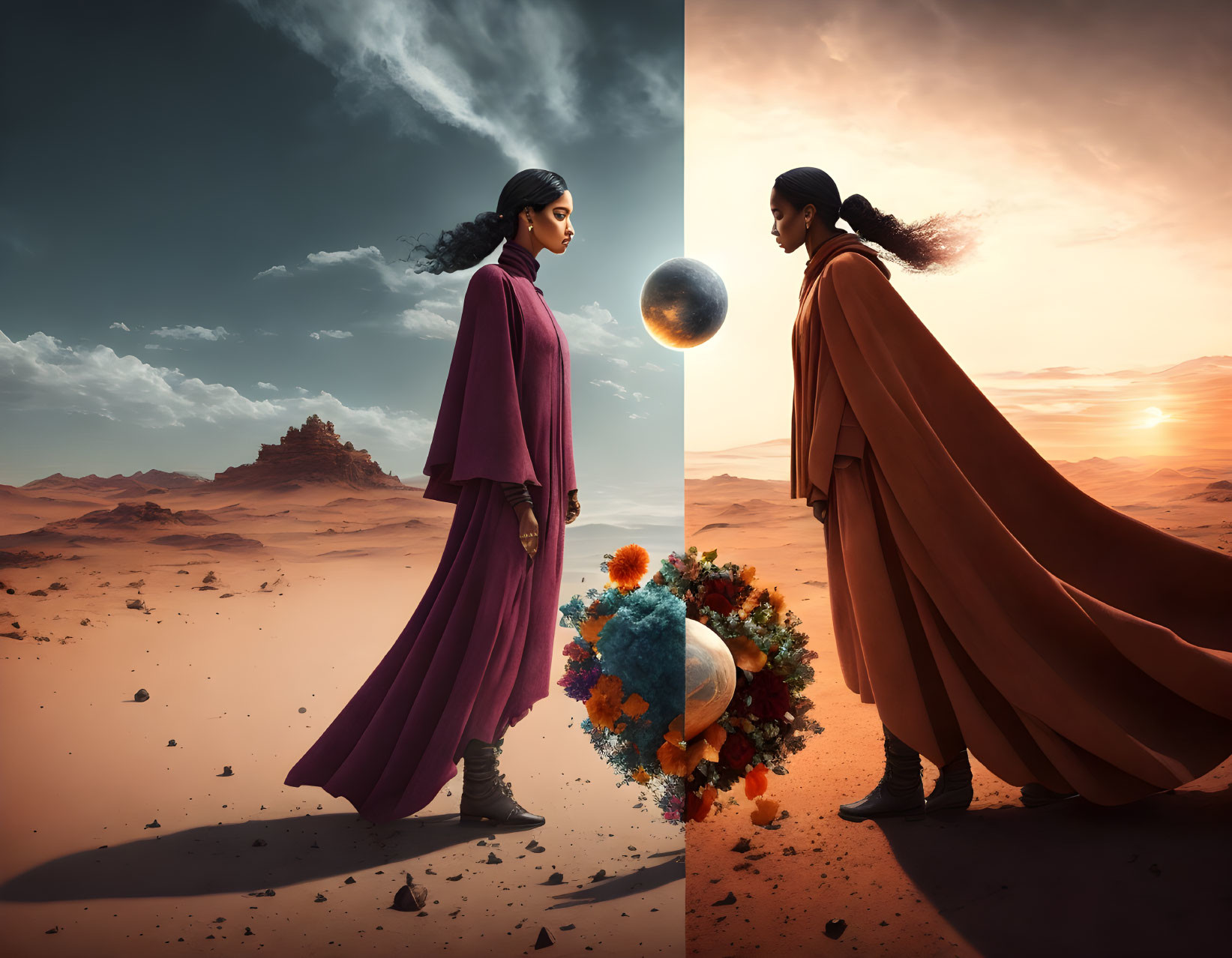 Two people in vibrant capes face off in a split desert scene with a floating orb.