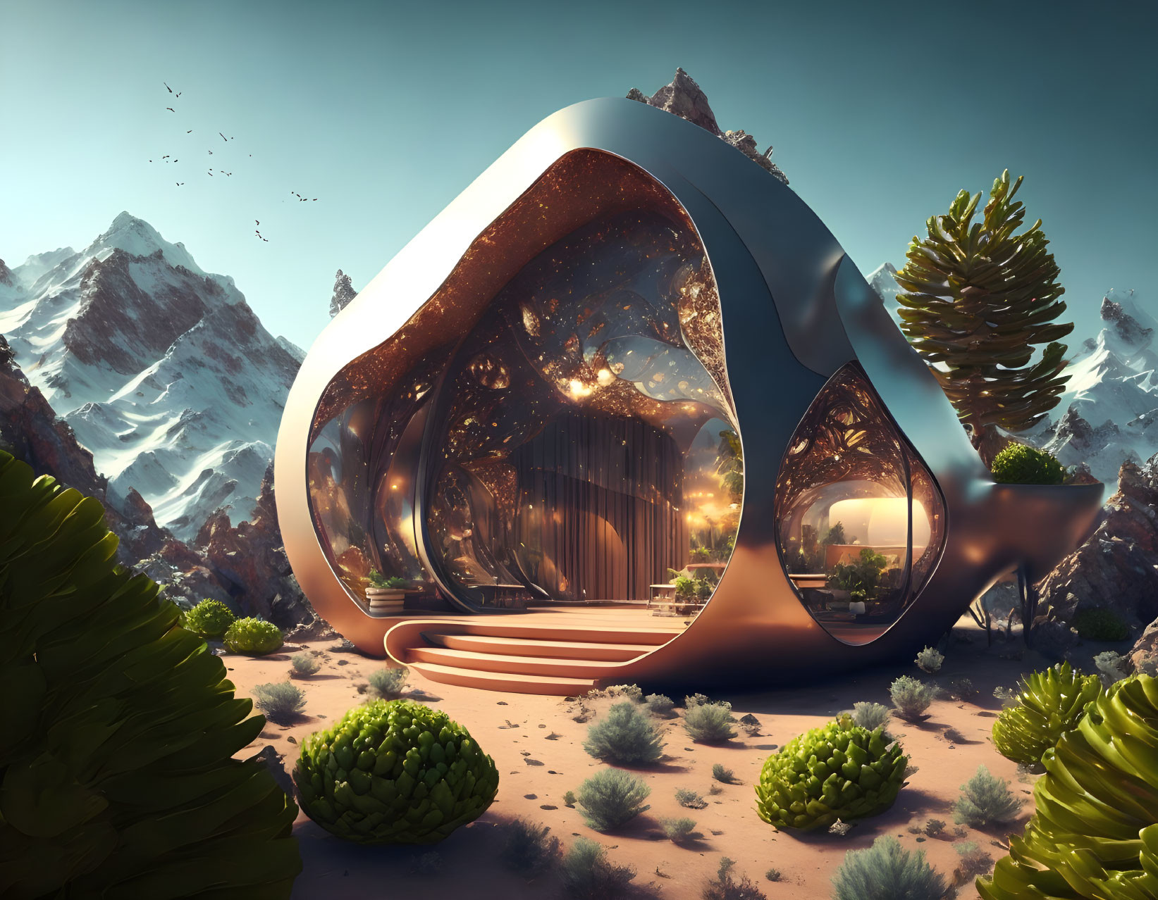 Loop-shaped glass building in desert with mountains and greenery