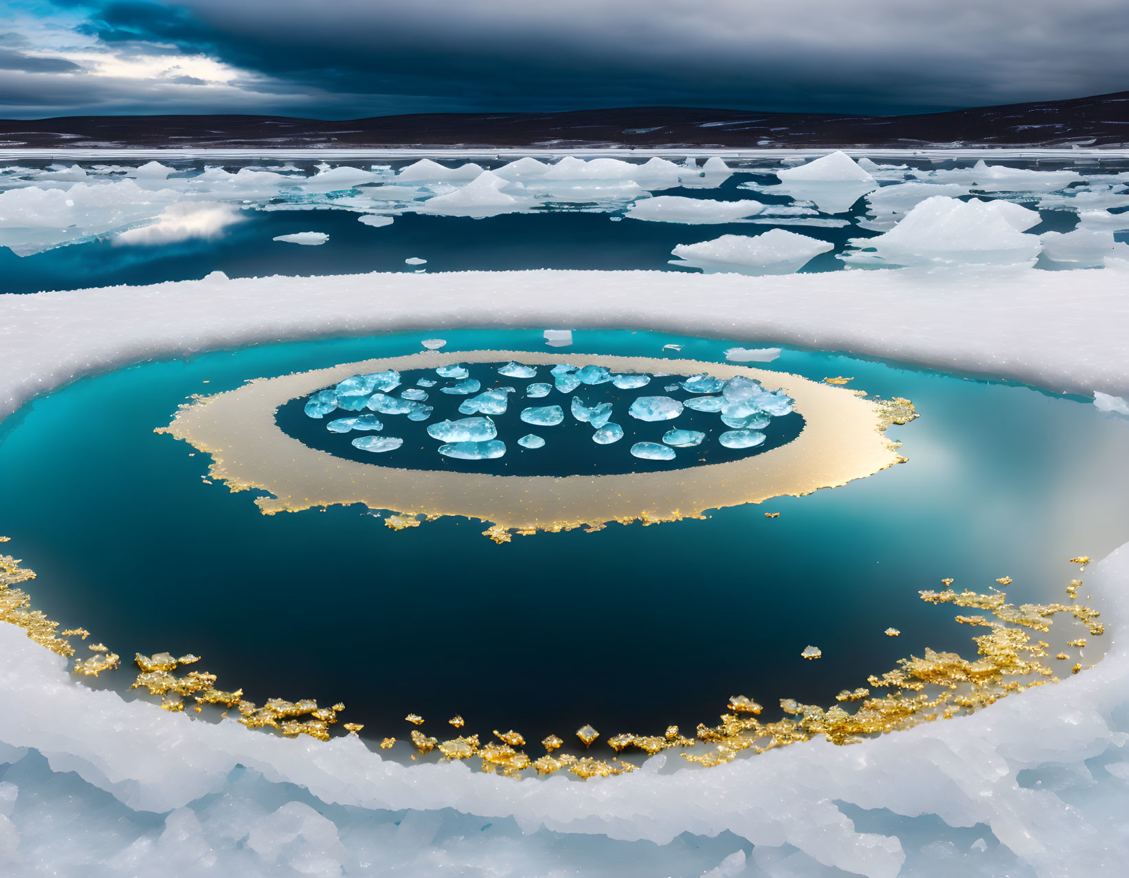 Circular ice formation with gold-colored crystals and melted water pool.