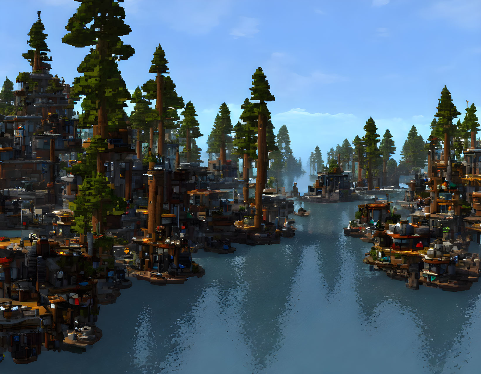 Detailed Voxel Art: Riverside Village with Trees, Wooden Structures, and Boats