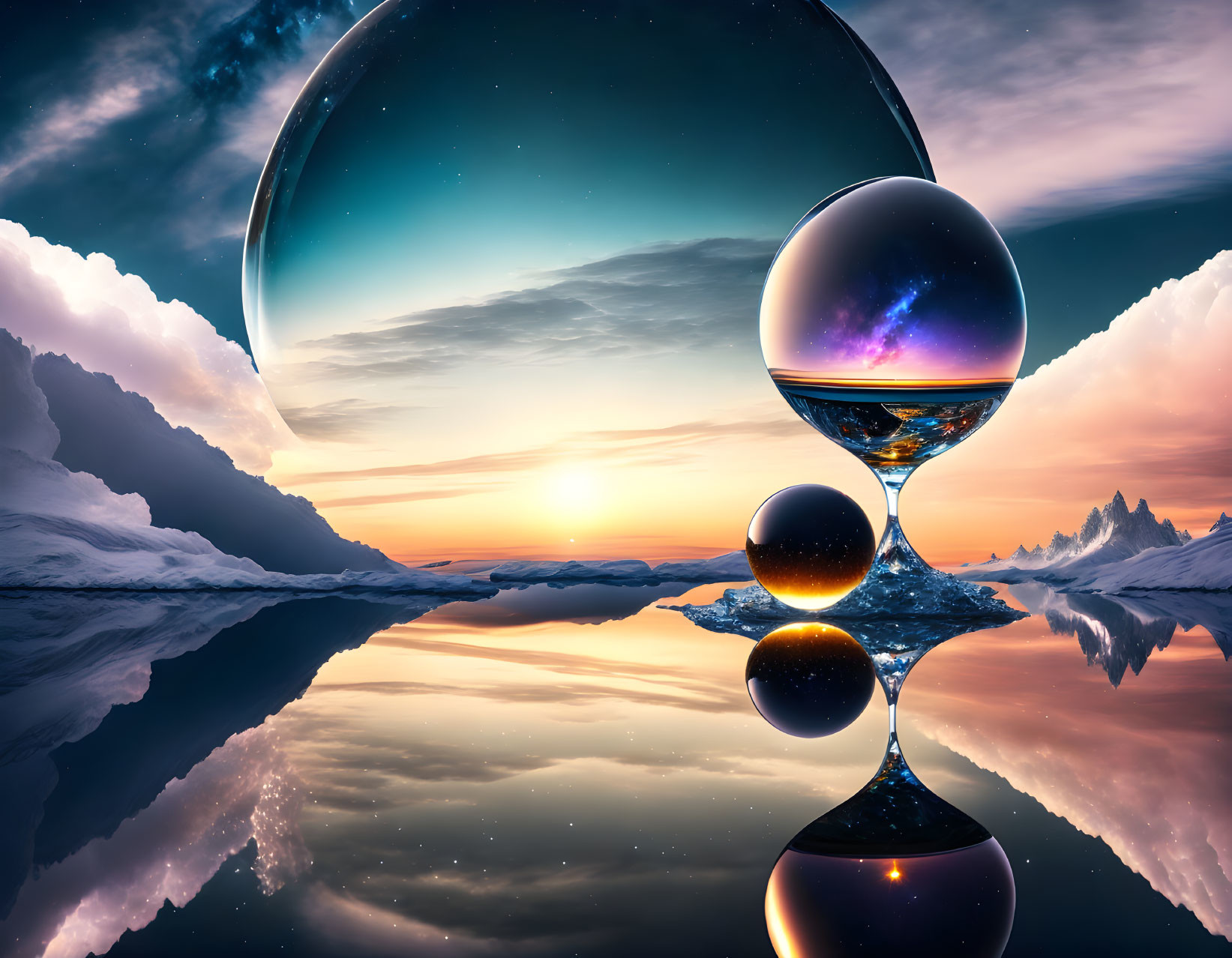 Surreal landscape with reflective spheres, icy terrain, planet in sky, vivid sunset.