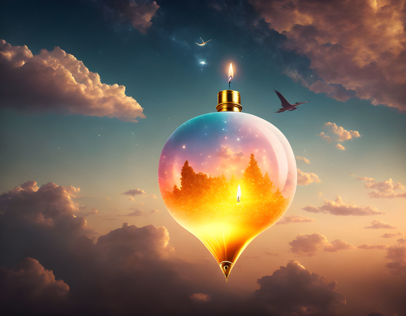 Surreal lightbulb image with starry sky, forest, candle, and birds