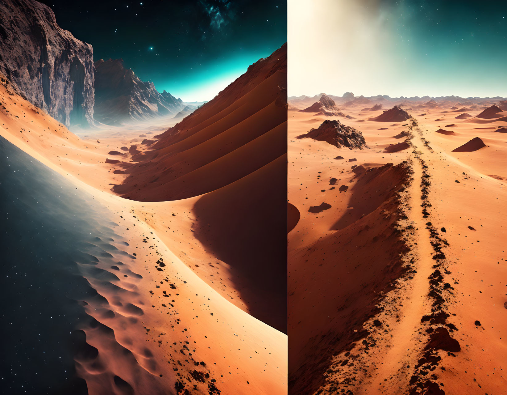 Split desert landscape: starry night vs. sunny day