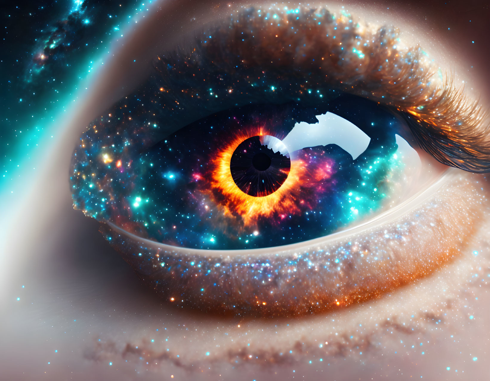 Close-up Human Eye with Vibrant Cosmic Scene in Iris