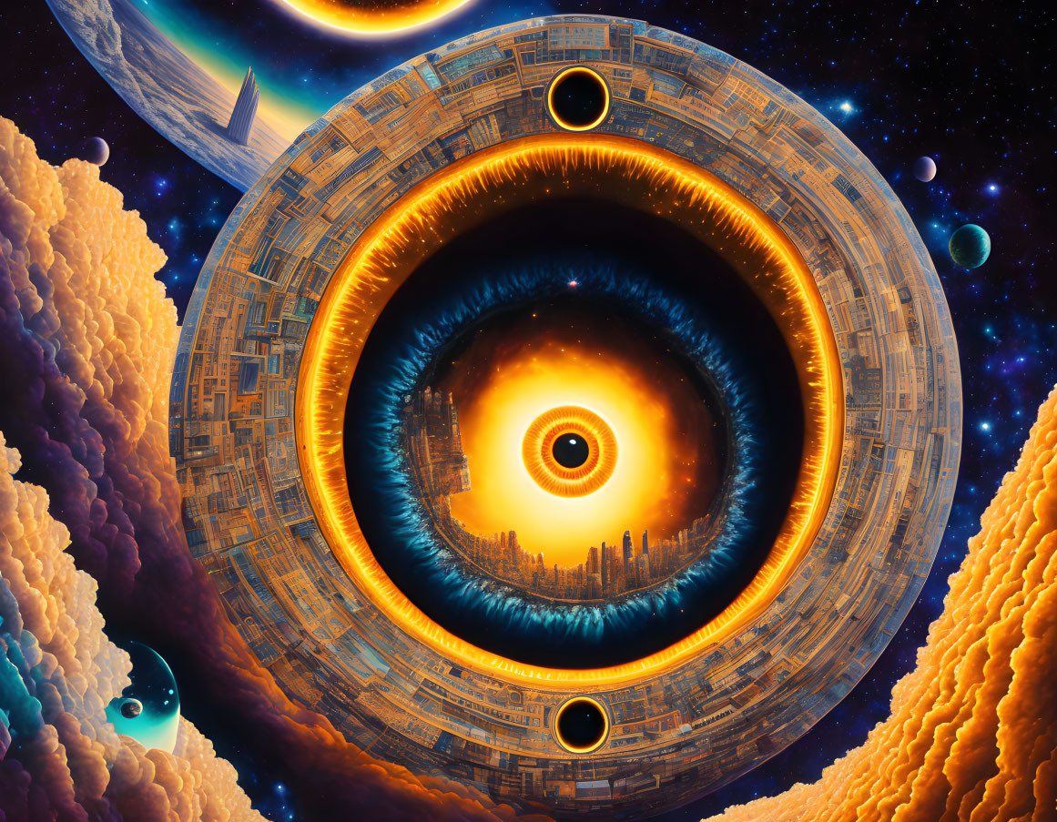 Surreal illustration: Giant eye-shaped structure in space