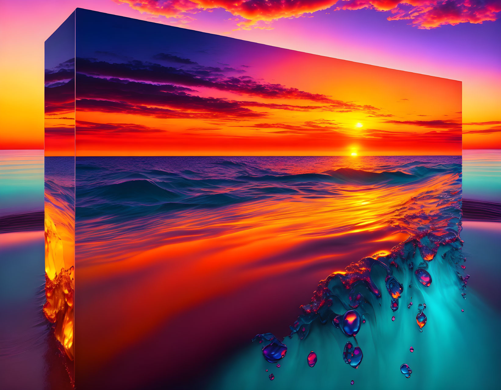 Surreal 3D ocean sunset with seamless water transition