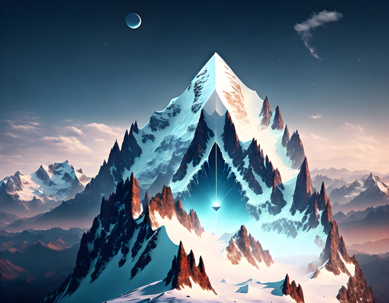 Majestic mountain range with prominent peak under starry sky