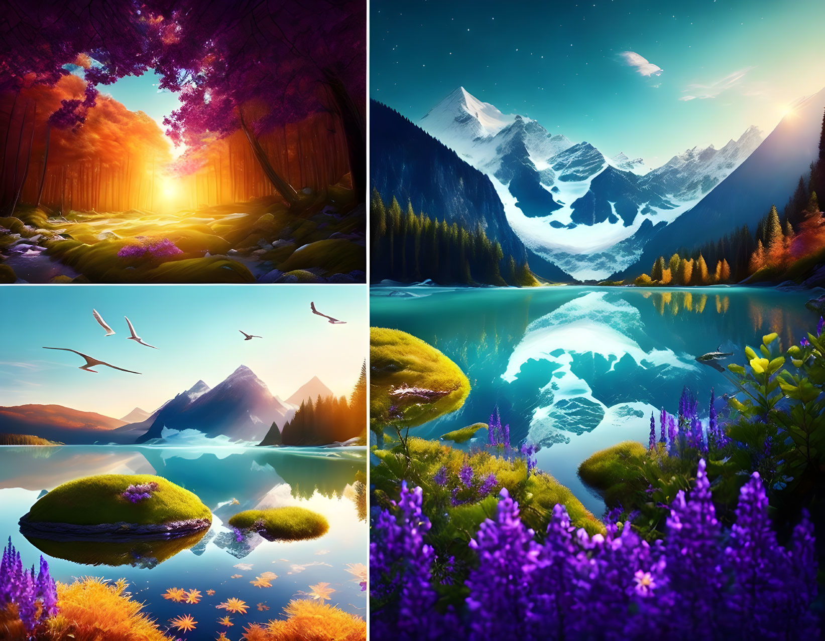 Four Vibrant Nature Scenes: Sunlit Forest, Snowy Mountains, Lakeside Birds, Flower-B