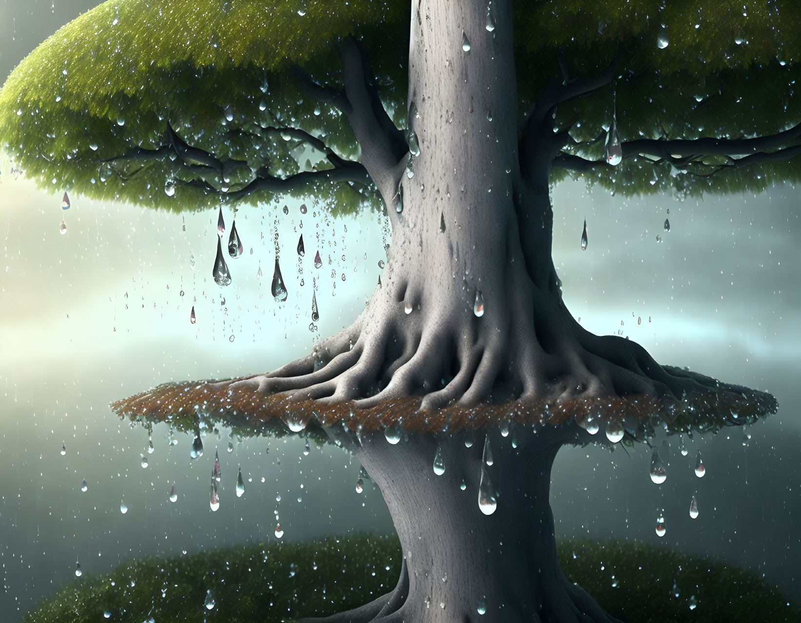 Realistic digital art: Majestic tree with water droplets under moody sky