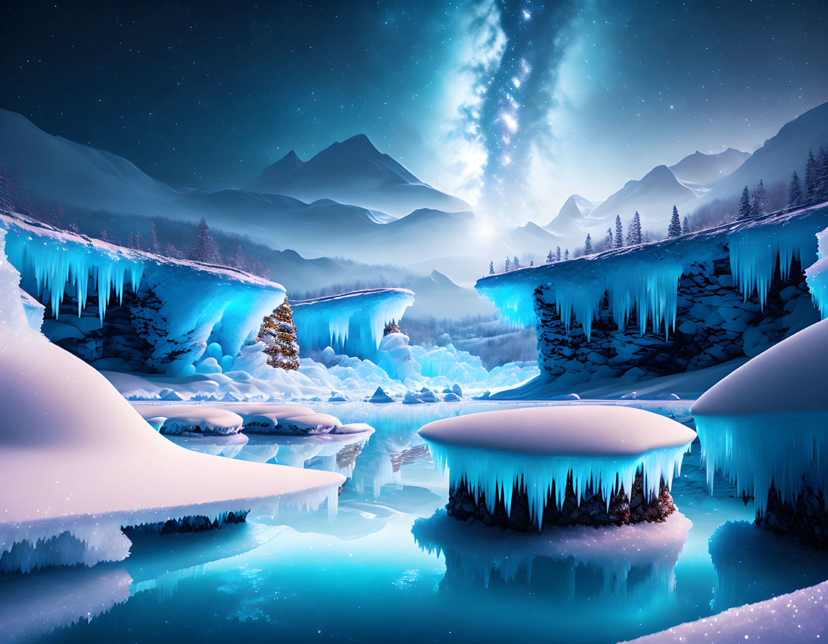 Snowy Mountains and Aurora Borealis Night Sky Scene