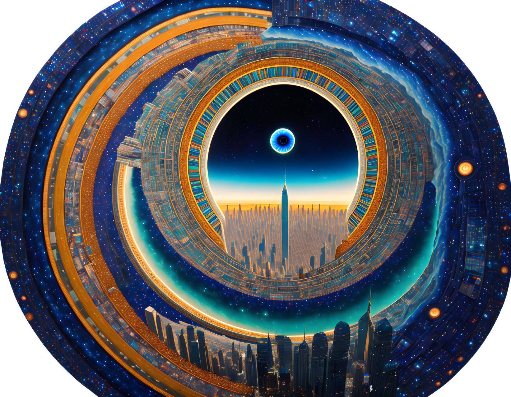 Futuristic city with circular structures and central tower under starry sky