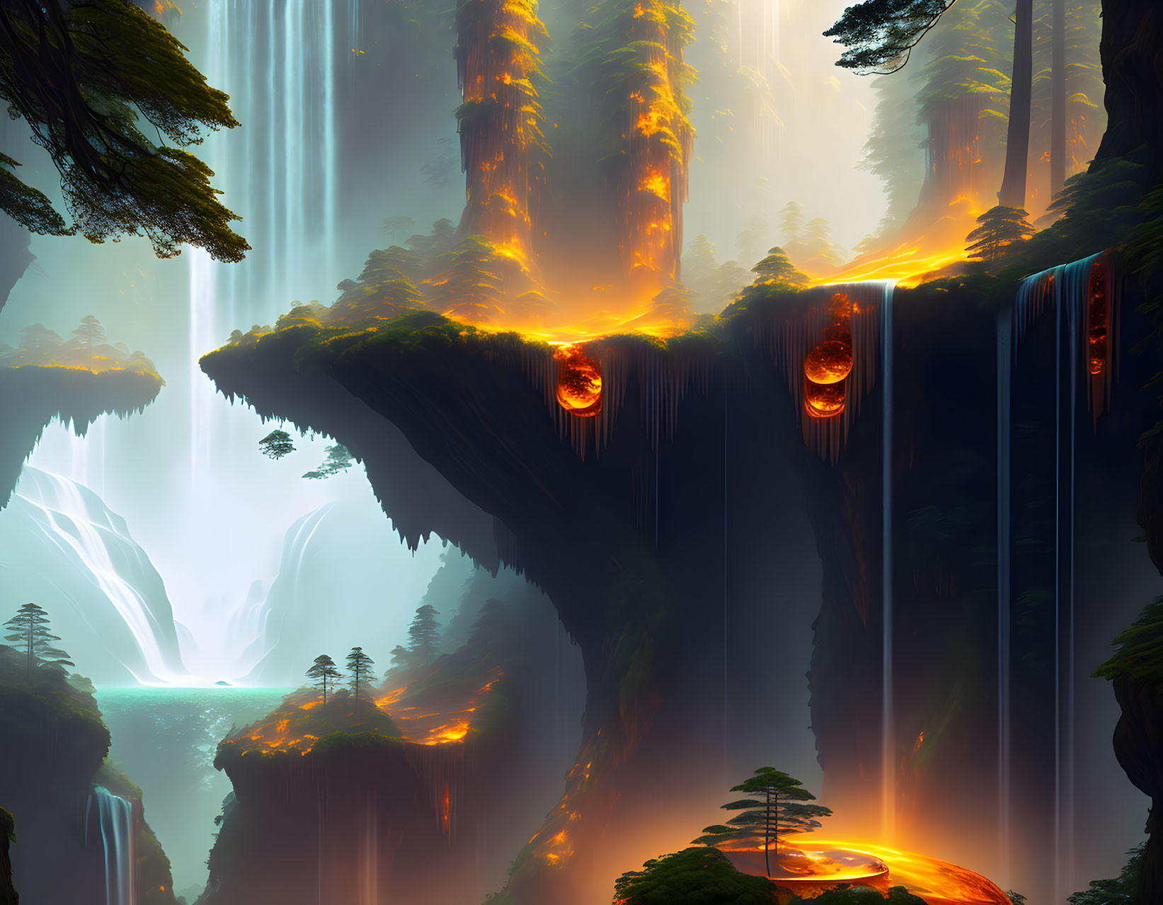 Mystical forest with towering trees, lava flows, waterfalls