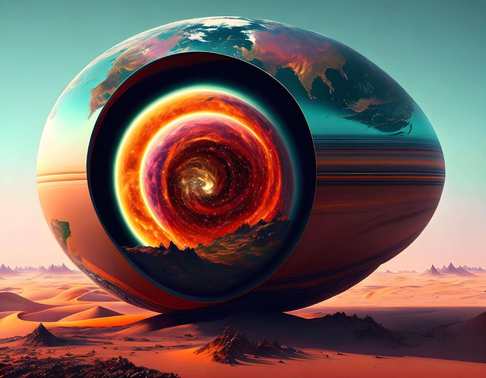 Surreal digital artwork: Desert landscape with cosmic portal