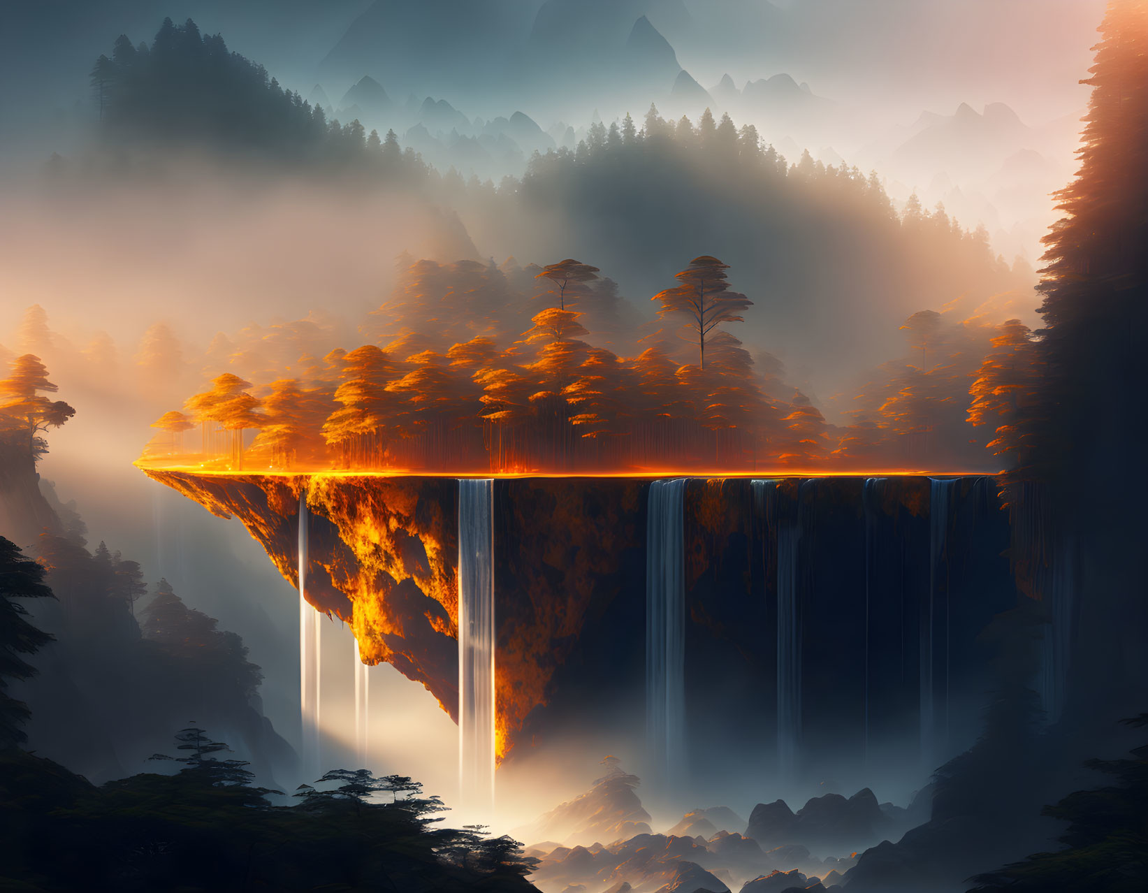 Surreal landscape with floating island, waterfall, autumn trees, misty mountains