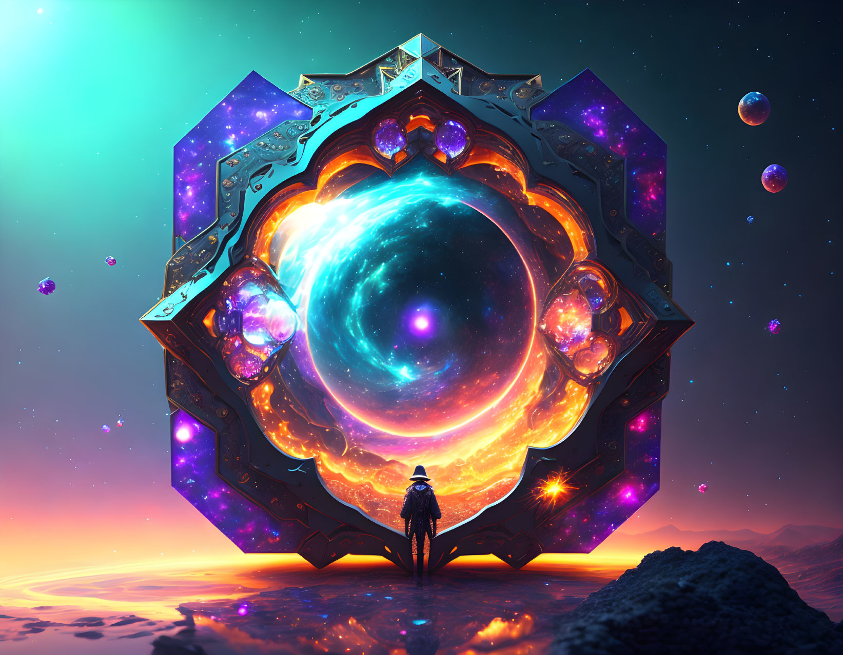 Person standing before massive ornate portal with glowing gem-like accents and cosmic vortex in twilight sky.