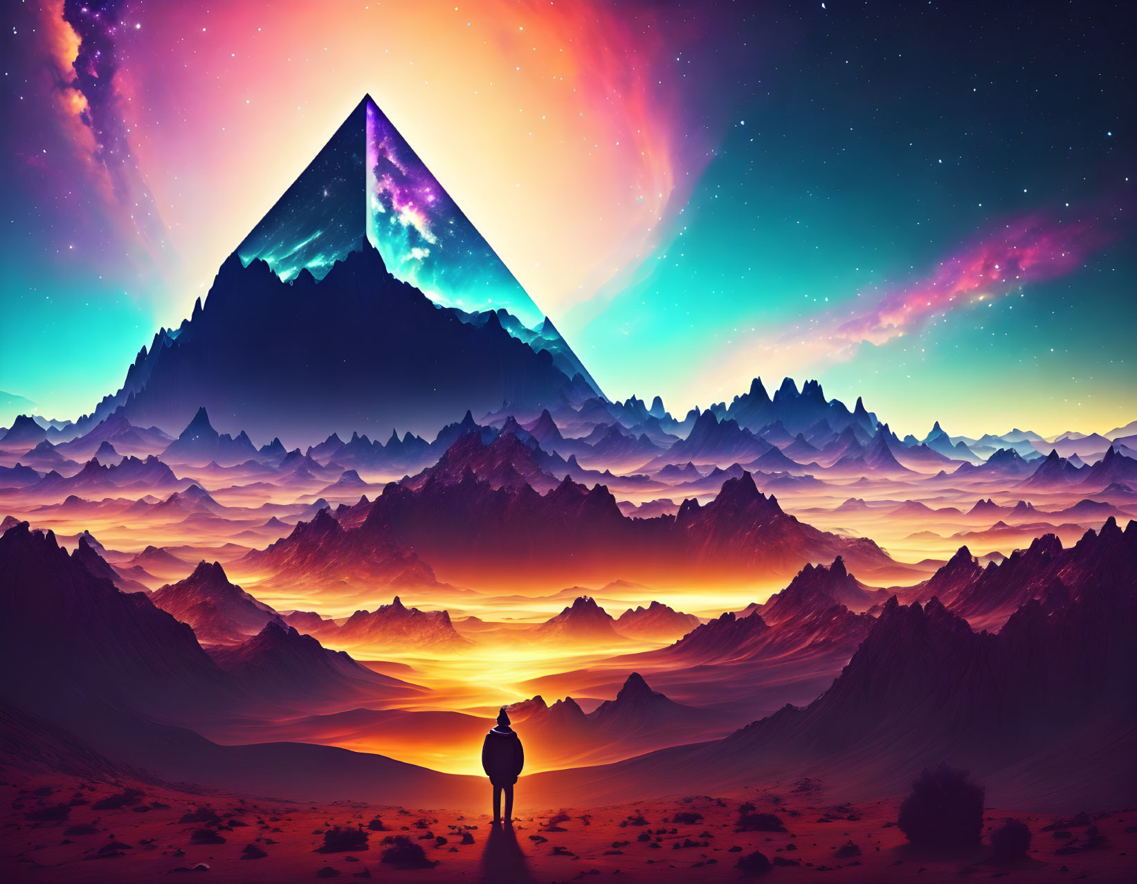 Surreal landscape with cosmic pyramid and colorful celestial skies