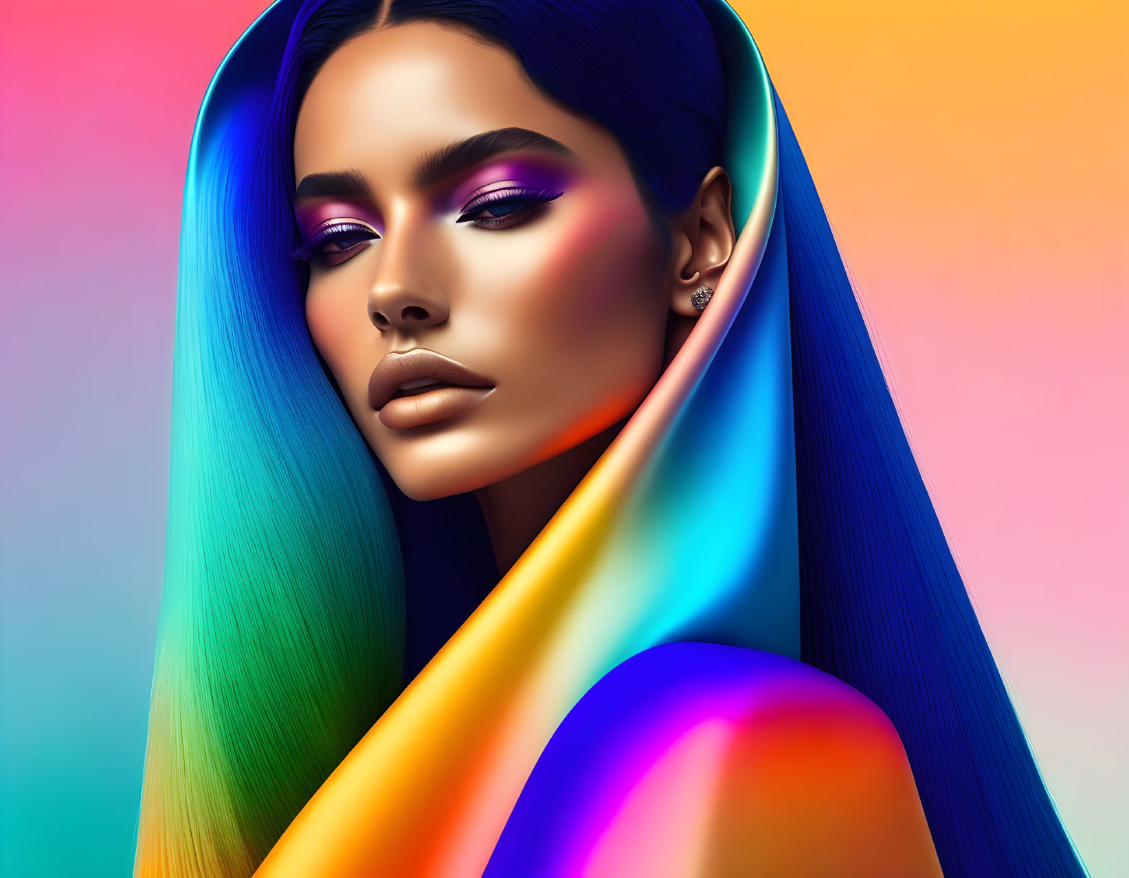 Vibrant woman illustration with blue hair and colorful lighting effects