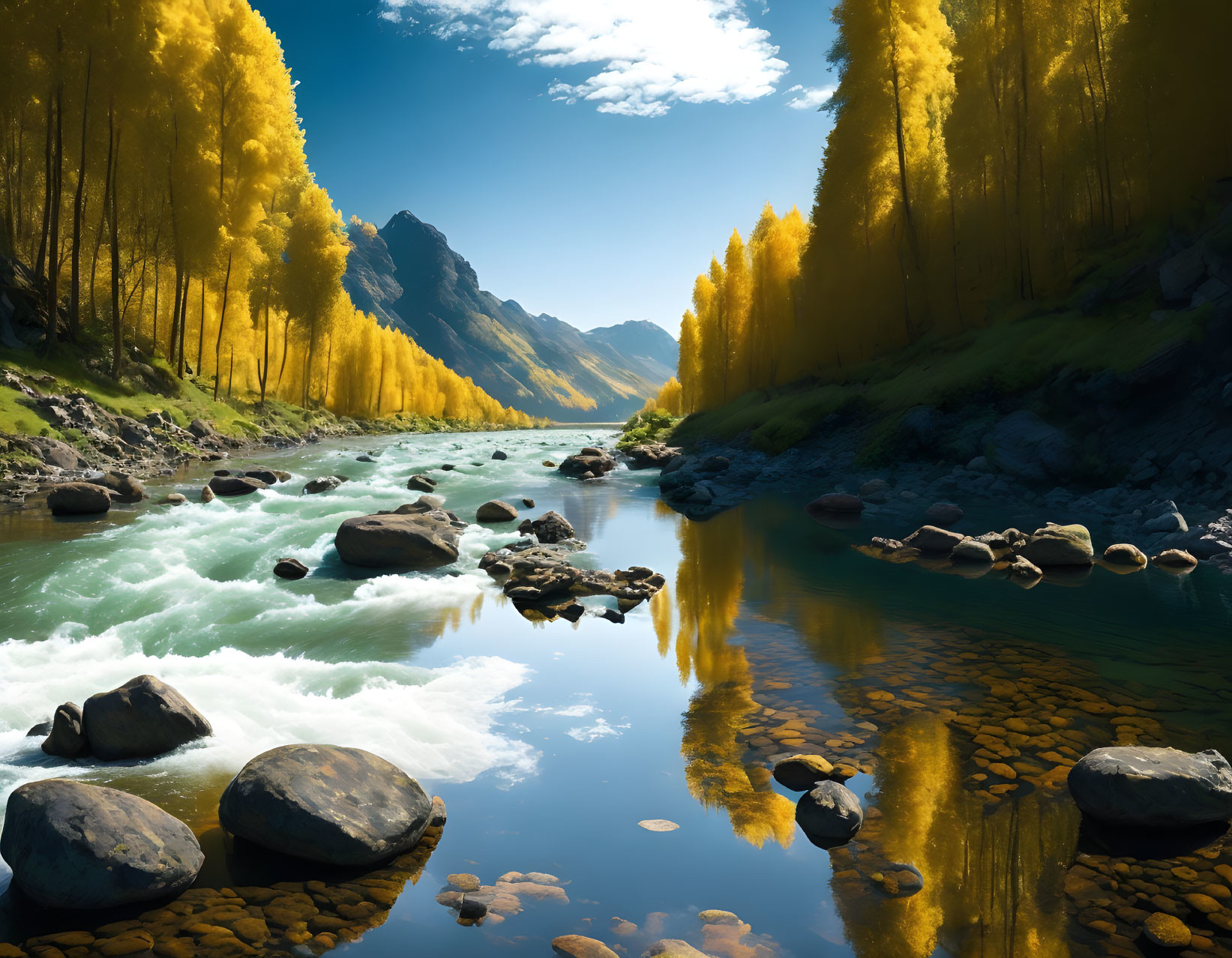 Majestic valley with tranquil river and golden trees under clear blue sky