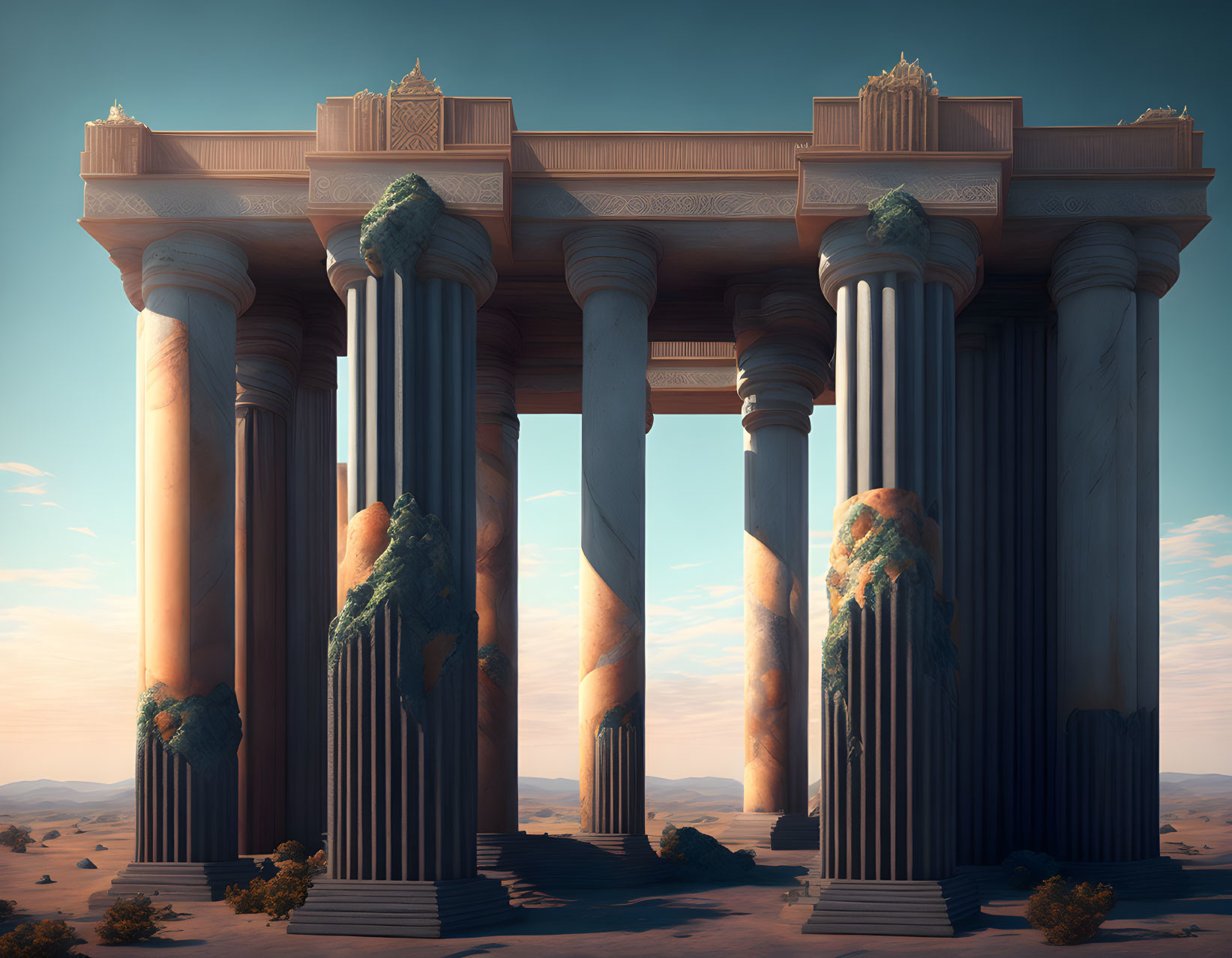 Intricate Ancient Pillars in Desert Landscape