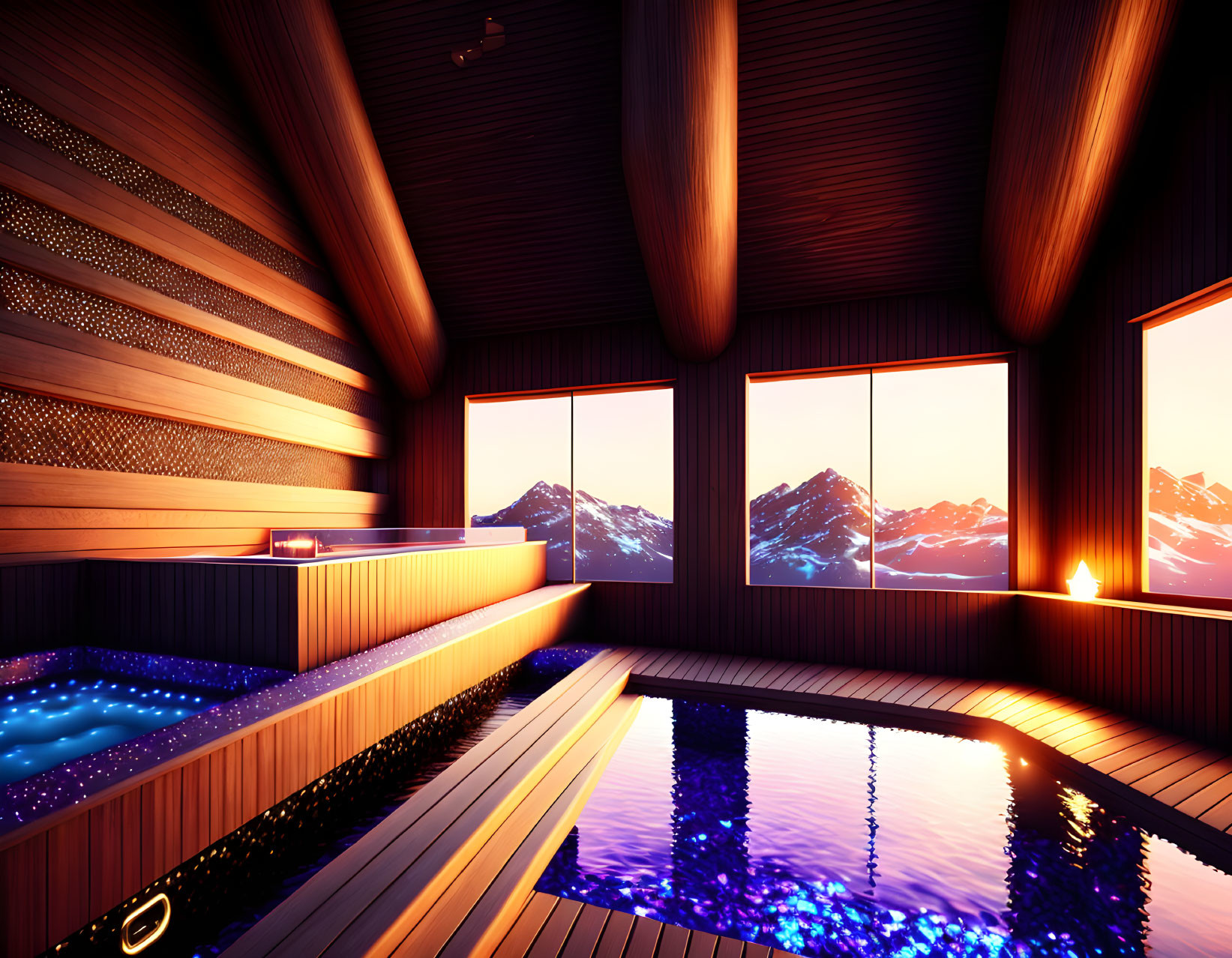 Indoor Wooden Sauna with LED-lit Pool & Mountain Sunset View