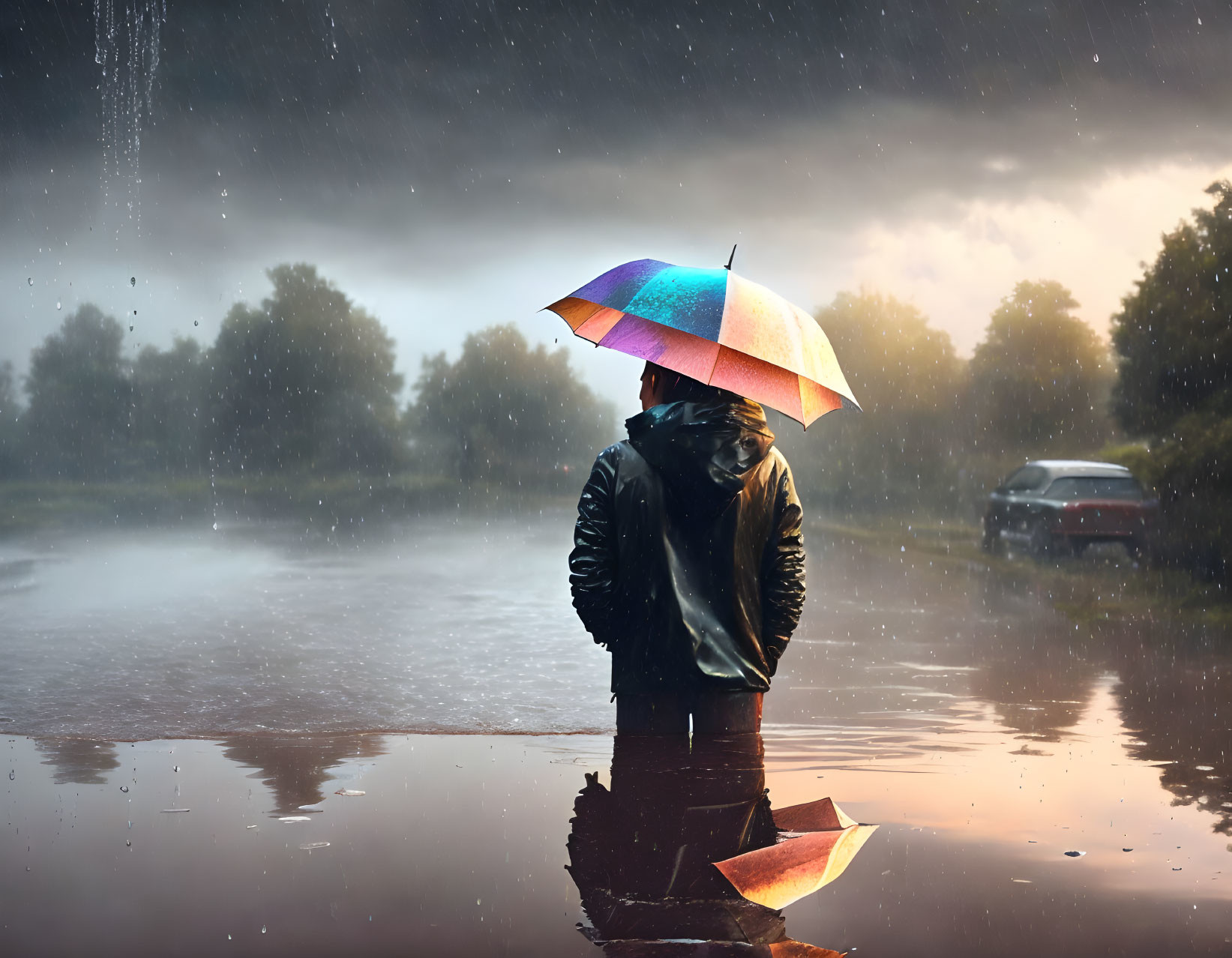 Person with colorful umbrella in rain puddle under setting sun.