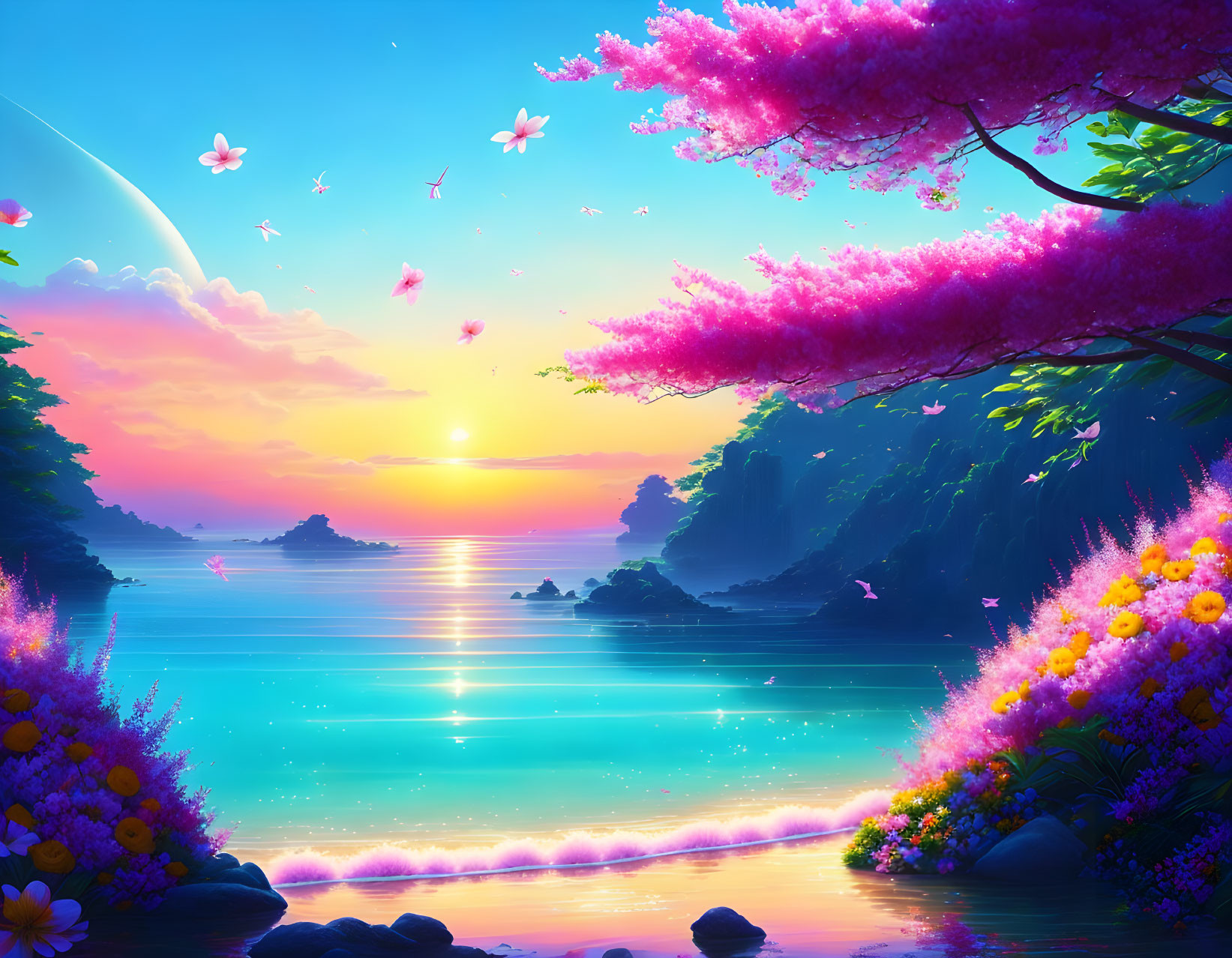 Digital Artwork: Tranquil Sunset with Cherry Blossoms, Turquoise Sea, Flowers, Butterflies