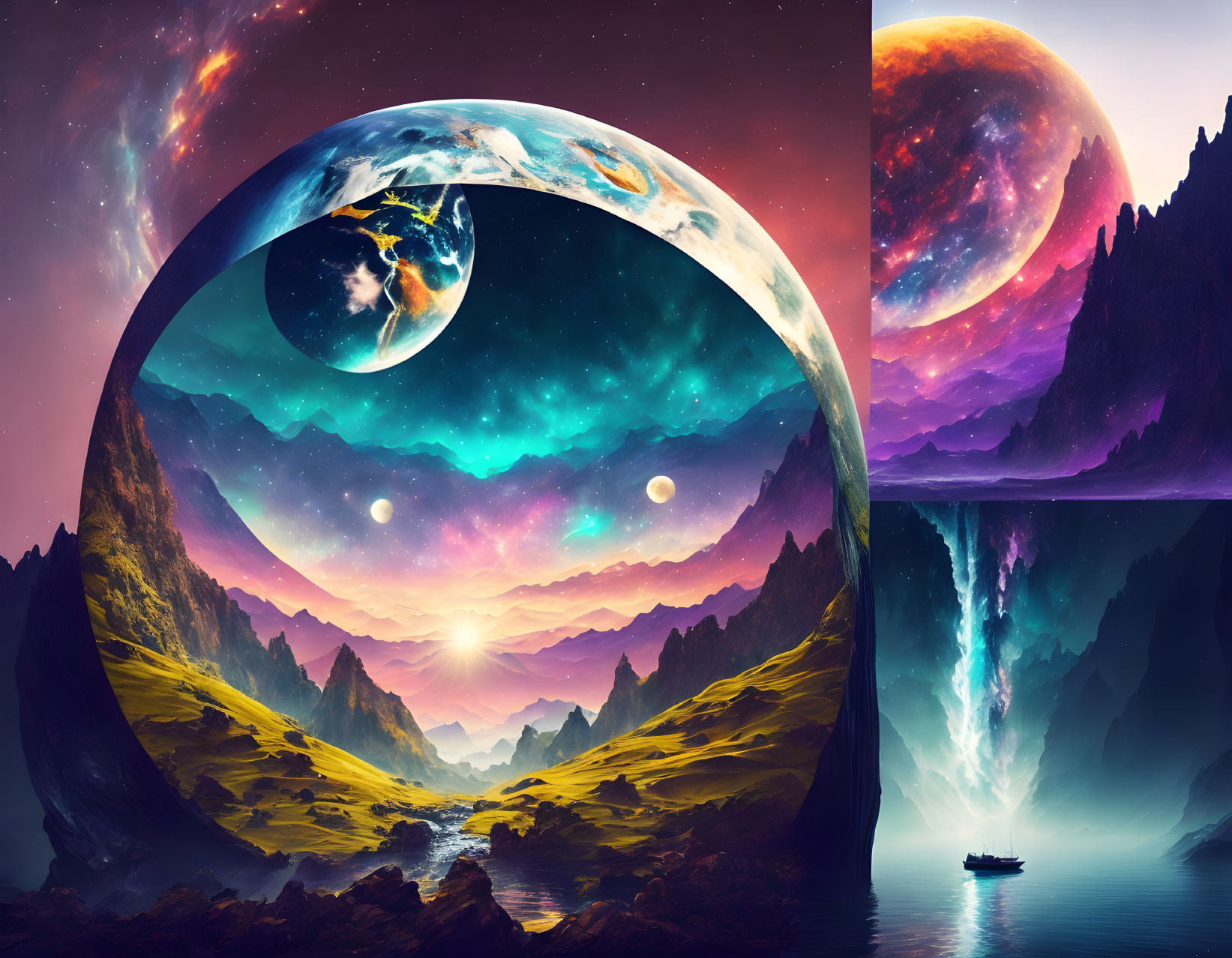 Vibrant surreal landscape with celestial bodies, waterfall, and tiny boat