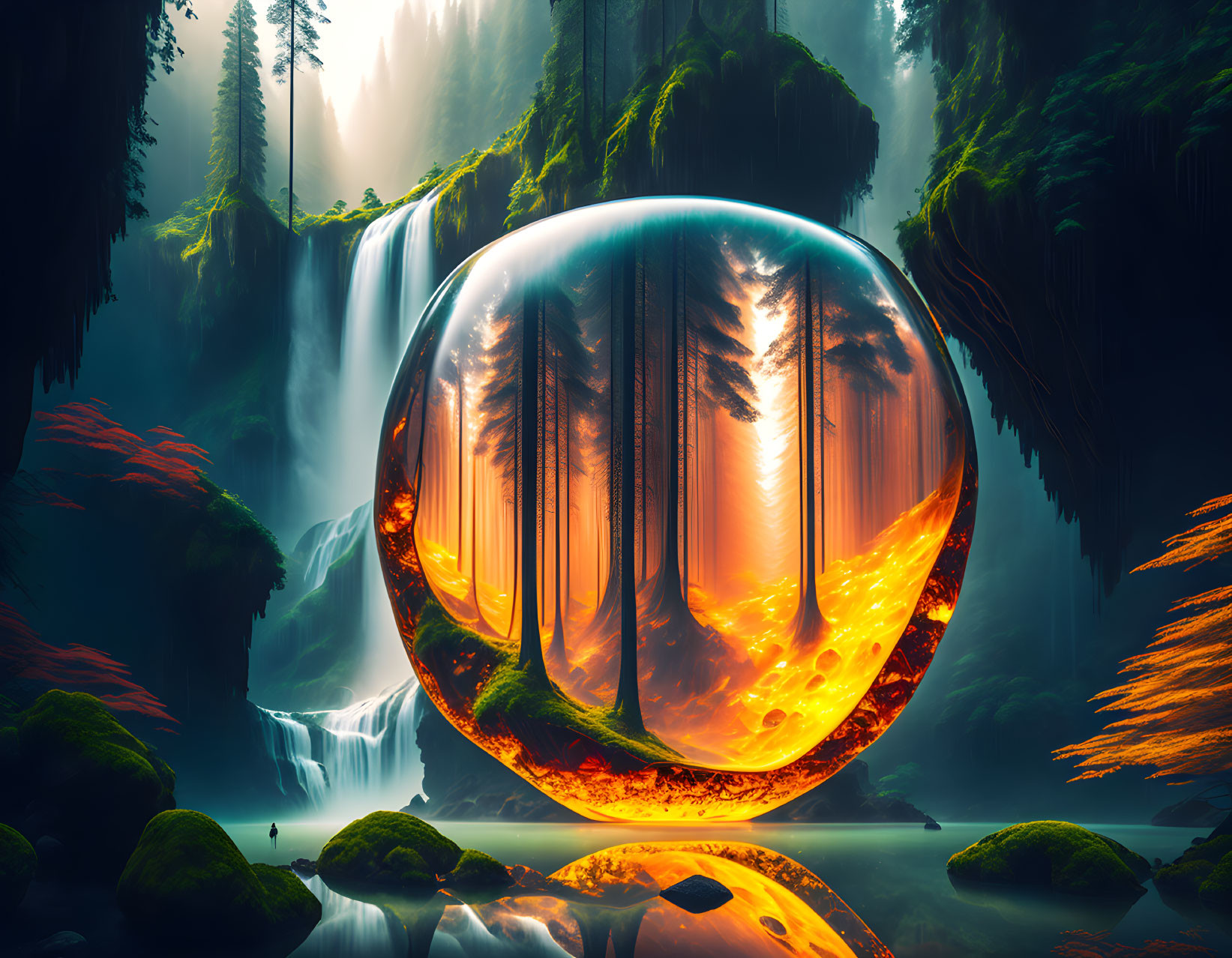 Luminous orb with fiery forest in fantastical landscape