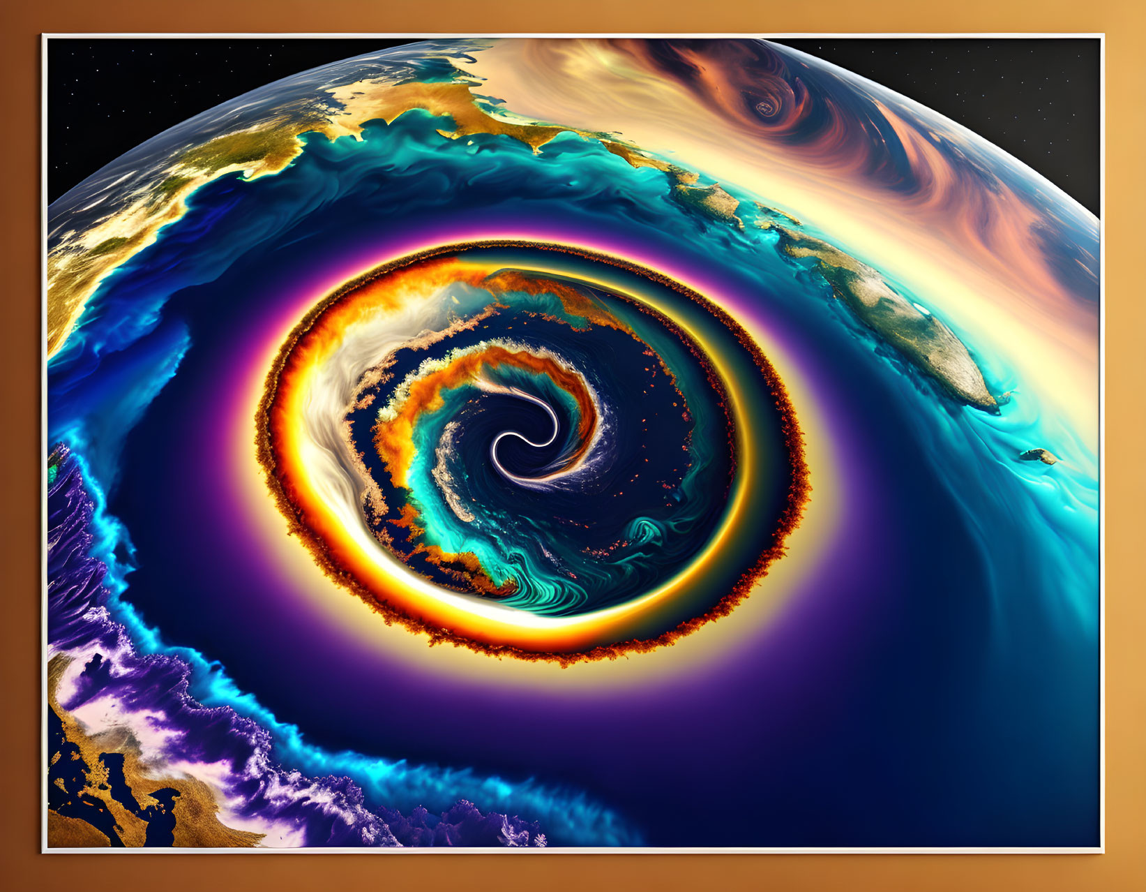 Colorful Planet with Cosmic Hurricane Vortex in Starry Space