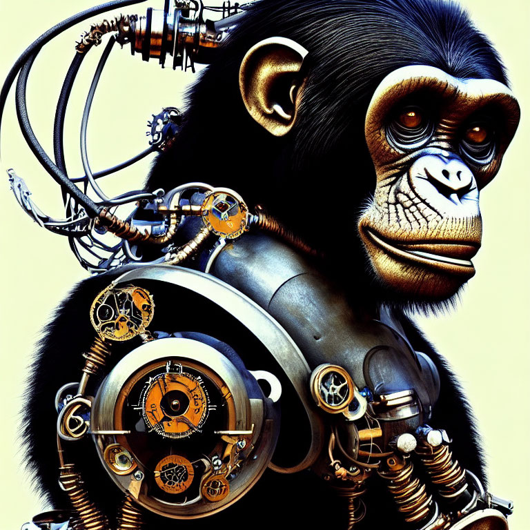 Cybernetic chimpanzee with visible mechanical parts on tan background