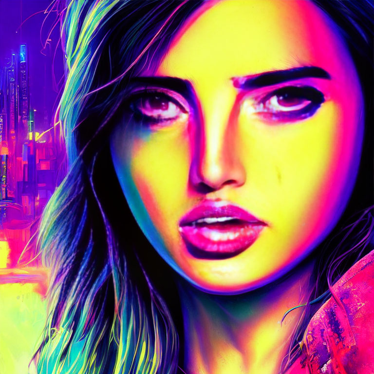 Colorful digital portrait of a woman in neon against futuristic city backdrop