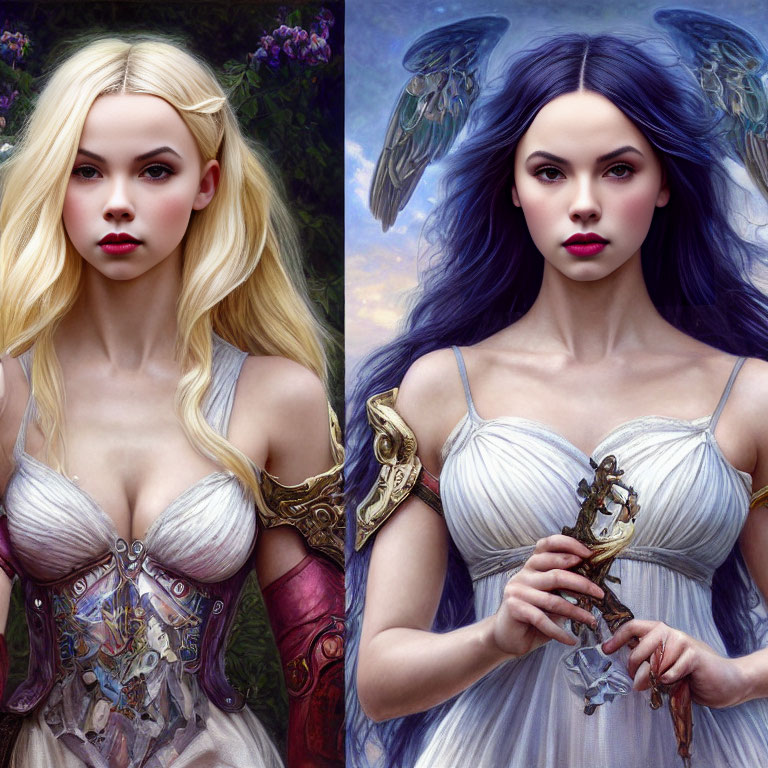 Fantasy female characters with wings and vibrant hair in medieval dresses.