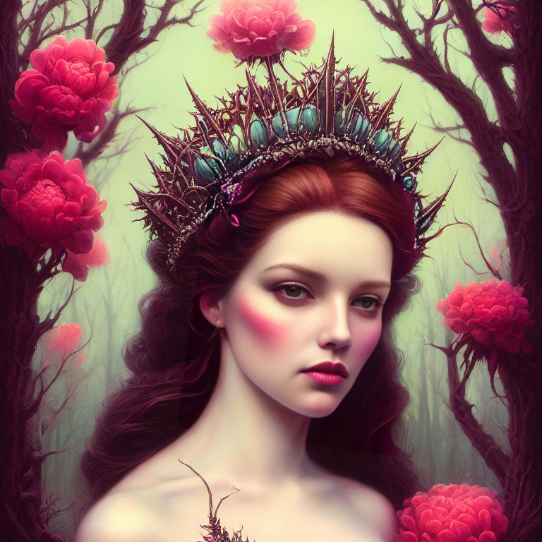 Portrait of woman with crown, pink flowers, and dark branches in mystical setting