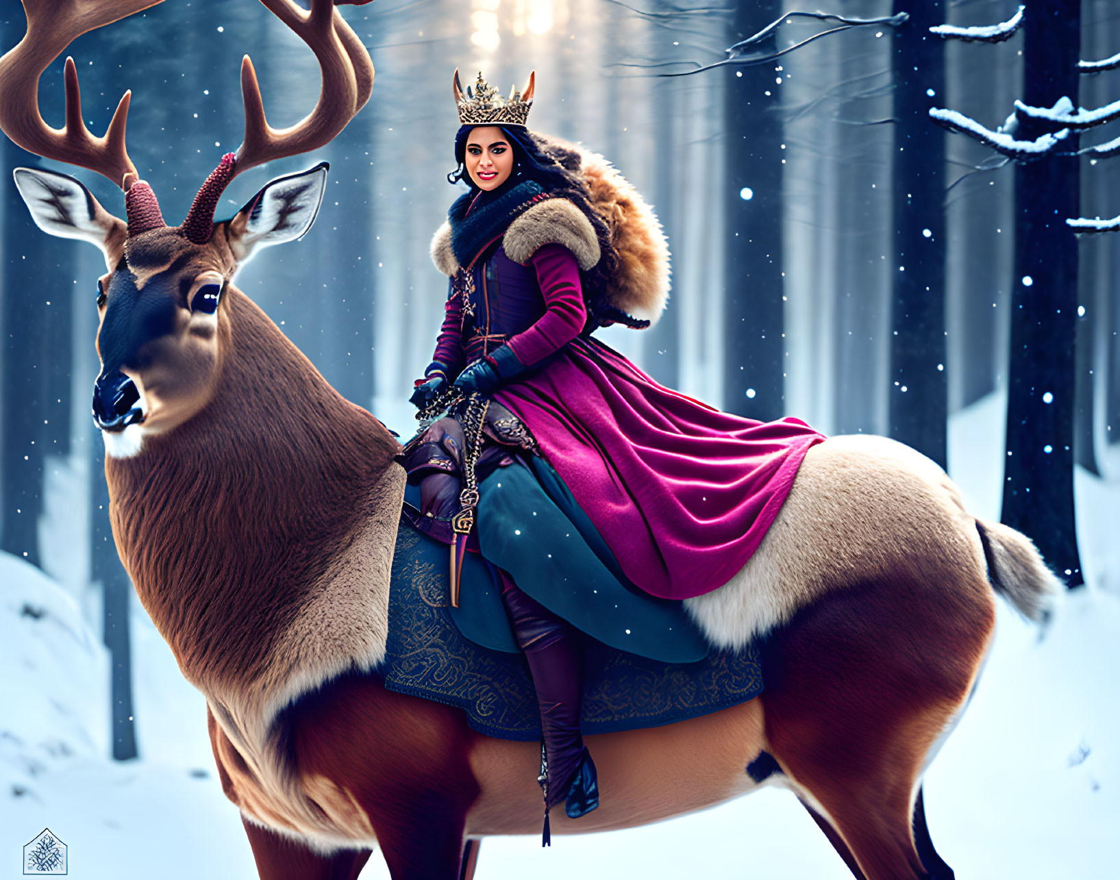 Regal figure riding reindeer in snowy forest with blue and pink cloak