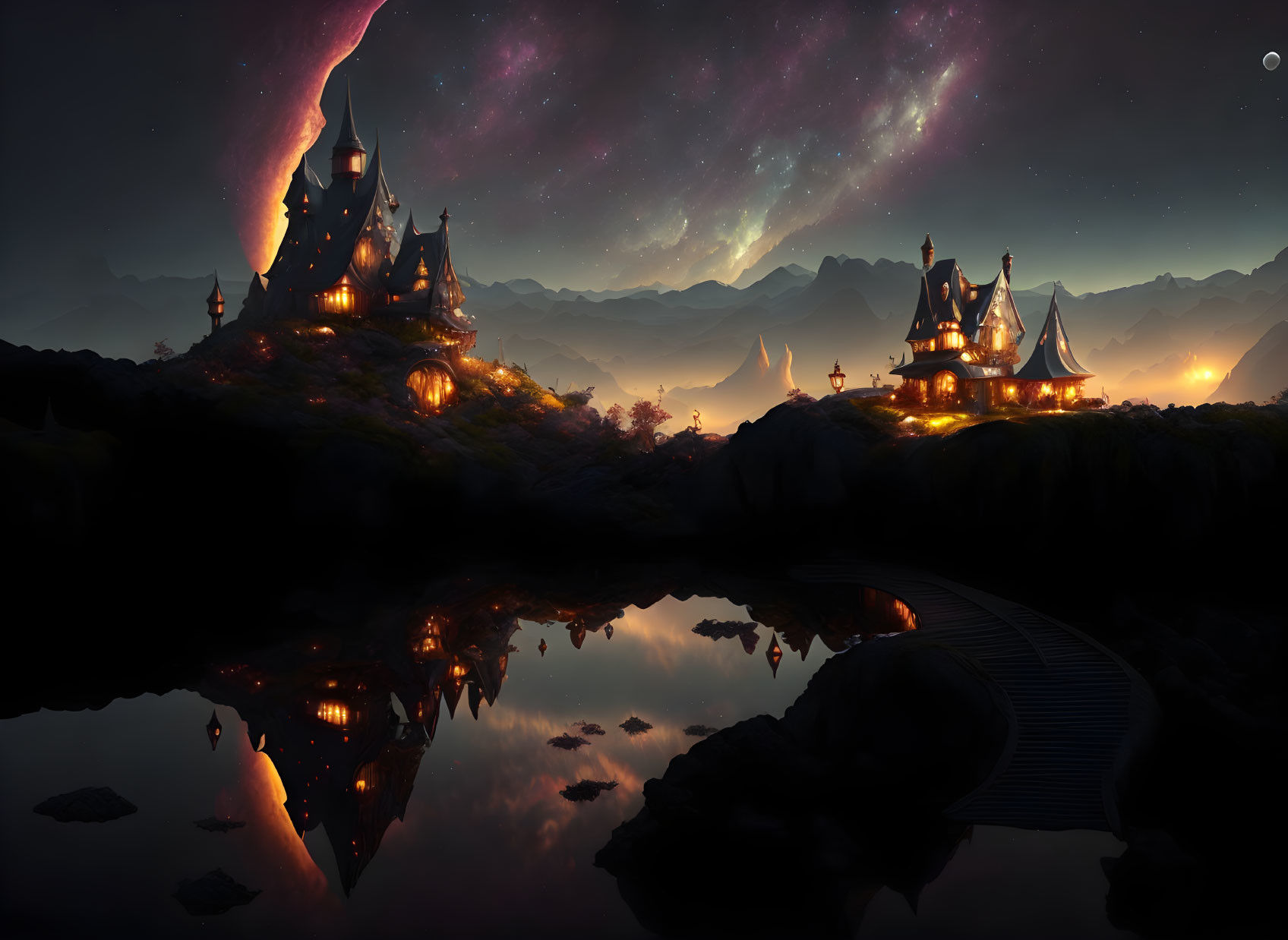 Fantasy castles reflected in lake under starry sky at twilight