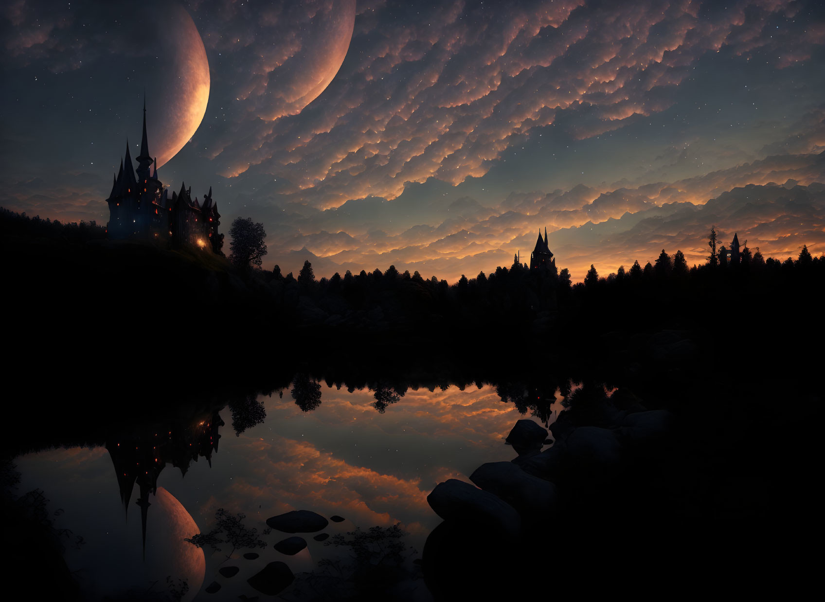 Fantasy landscape at dusk: castle on hill, twin moons, clouds, still lake