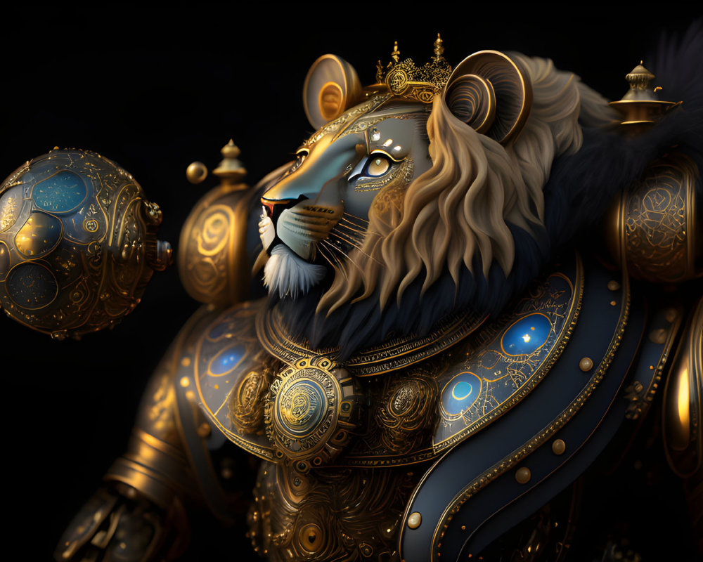 Golden maned mechanical lion in regal armor with orb and crown